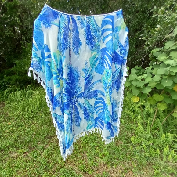 SHEIN Tropical Beach Cover-Up or Blouse Blue Palm Trees and Tassels - Picture 2 of 10